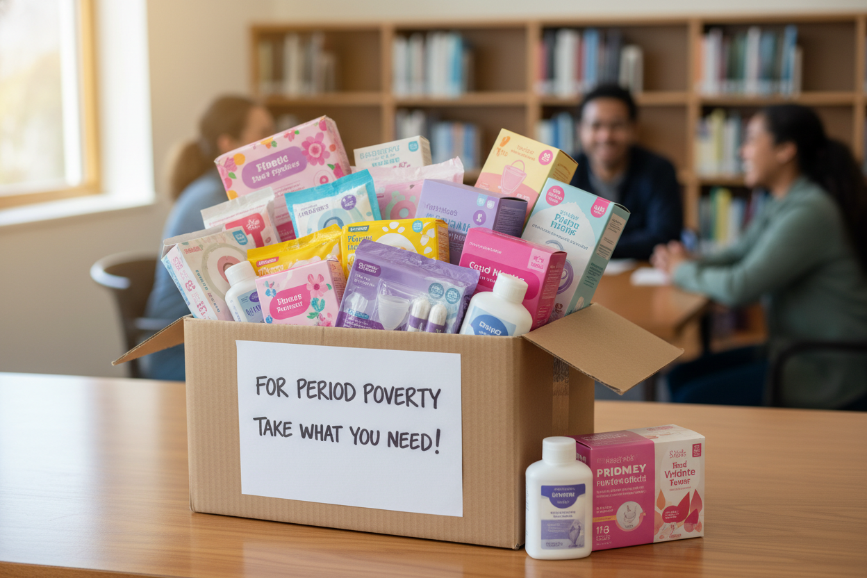 donation box filled with period products